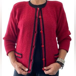 Vintage short knit cardigan red, black trim Jackie O style, EUC Size S/M retro